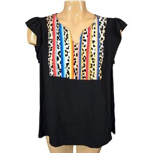 Savanna Jane Black Rainbow Multi‎ Media Leopard V Neck Flutter Sleeve Top Size L